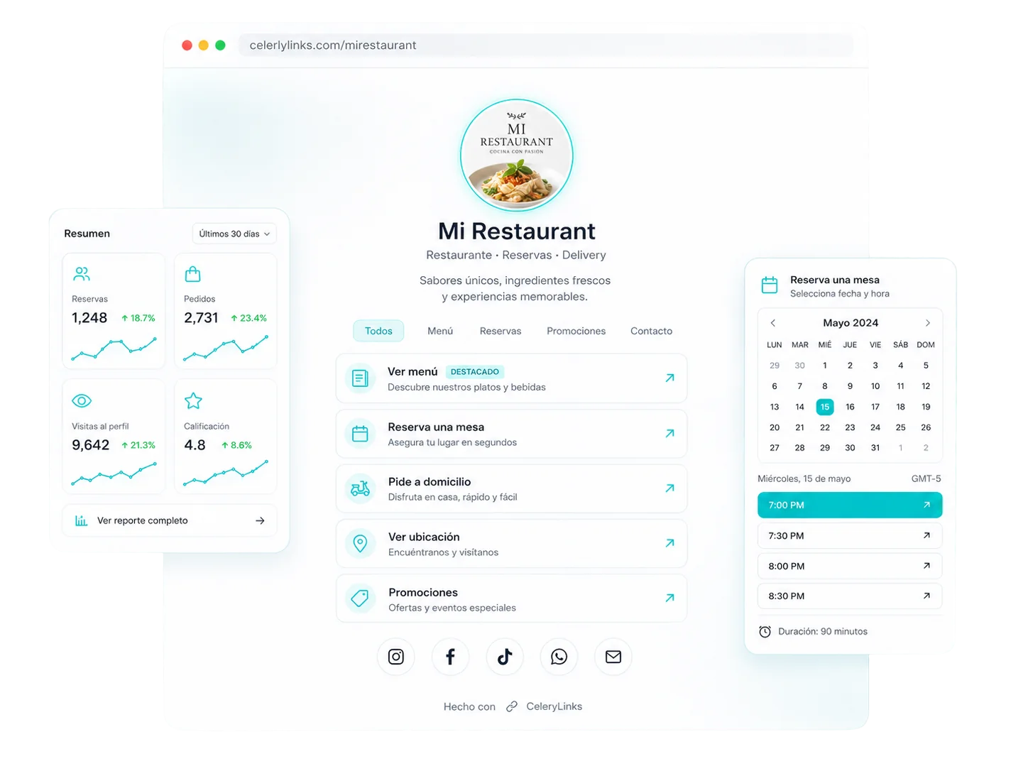 Ejemplo de página CeleryLinks en modo claro: restaurante con menú, reservas y delivery
